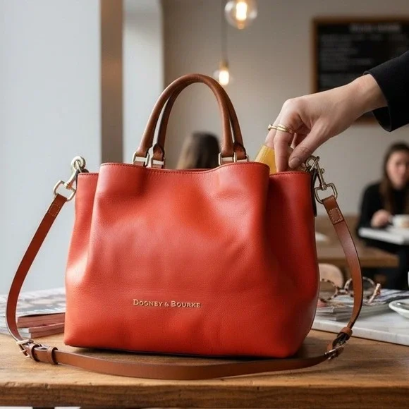 Dooney & Bourke City Barlow Satchel Orange Leather Crossbody Handbag Tan Trim - Picture 1 of 11